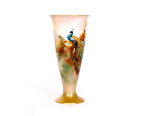 A Royal Worcester shape 2601 vase of flared form decorated by Sedgley with two hand painted peacocks perched on a pine branch