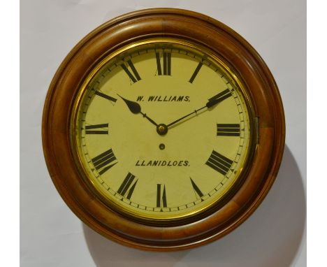 An early 20th Century mahogany framed circular wall clock with single fusee movement by W Williams Llandiloes, diameter 43cm