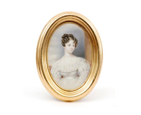 ENGLISH SCHOOL, CIRCA 1830 - Portrait of a young lady wearing a white dress and lace collar, watercolour miniature, oval, fra