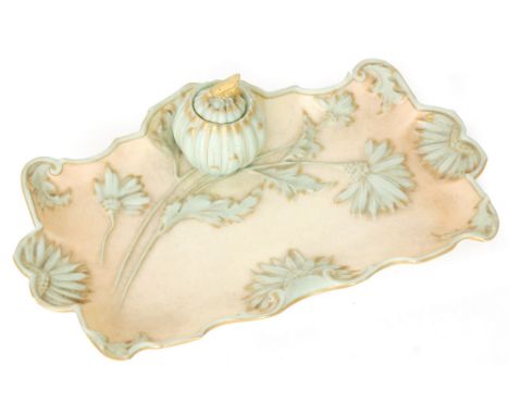 A late 19th Century Royal Worcester desk stand, the rectangular stand with affixed inkwell, inner and cover, the whole decora
