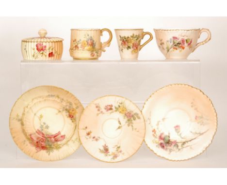 A small collection of assorted Royal Worcester blush ivory comprising three teacups and saucers and a small fluted box and co