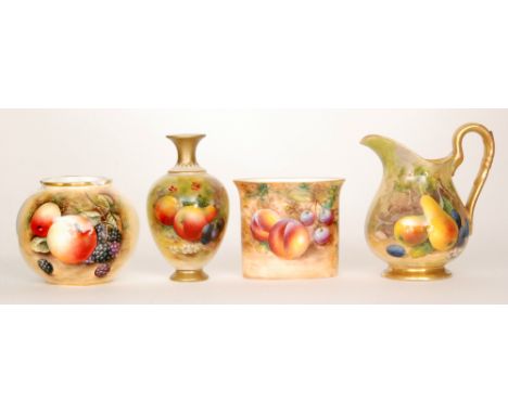 Four pieces of Royal Worcester Fallen Fruits comprising an ovoid cache pot hand painted by Platt, a footed jug decorated by S