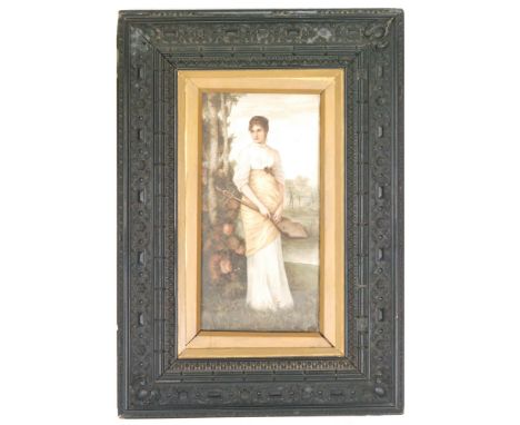 A framed rectangular hand painted panel decorated by Bessie Gibson with a lady stood beside a tree holding a musical instrume