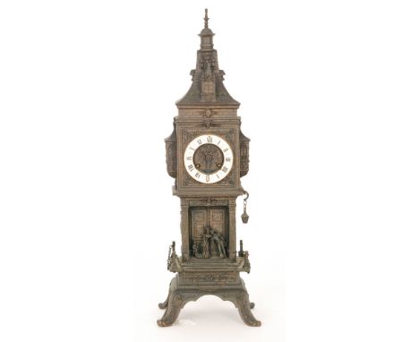 An early 20th Century Continental spelter miniature longcase clock with eight day movement striking on a gong in the form of 