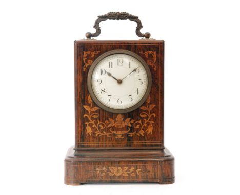 A late 19th Century marquetry inlaid rosewood mantle clock with circular white dial on stepped base, height 22cm