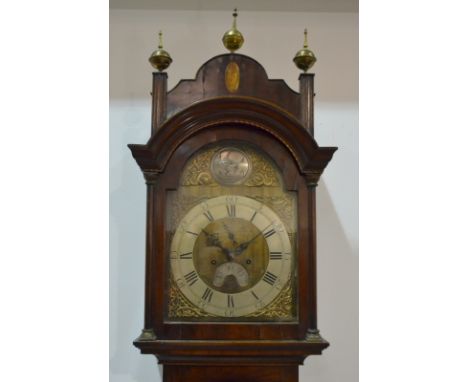 An 18th Century inlaid mahogany longcase clock, the arch brass dial with silvered chapter ring and date aperture inscribed Ri