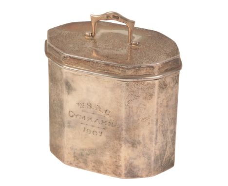 A VICTORIAN SILVER TEA CADDY by Thomas Bradbury, London 1901, of plain oval panelled shape, 8cm high x 9cm wide x 6cm deep, e