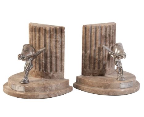 ROLLS ROYCE INTEREST: A PAIR OF GEORGE V SILVER MOUNTED MARBLE BOOKENDS the cast silver 'Spirit of Ecstasy' figures and plaqu