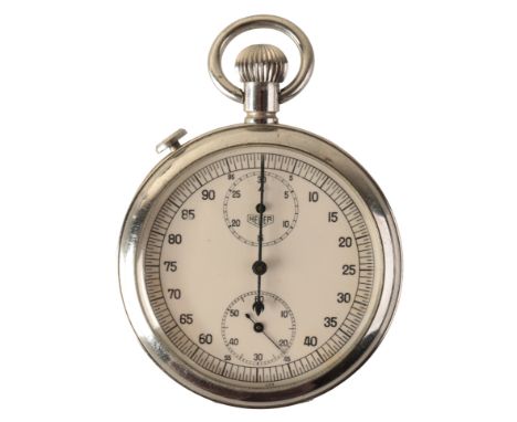 HEUER: A NICKEL-PLATED STOP WATCH with a manual wind movement, the white enamel dial with black Arabic numerals and double su