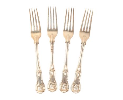 FOUR GEORGE V SILVER KINGS PATTERN TABLE FORKS by Mappin &amp; Webb, London 1912, 12 tr. ozs combined 