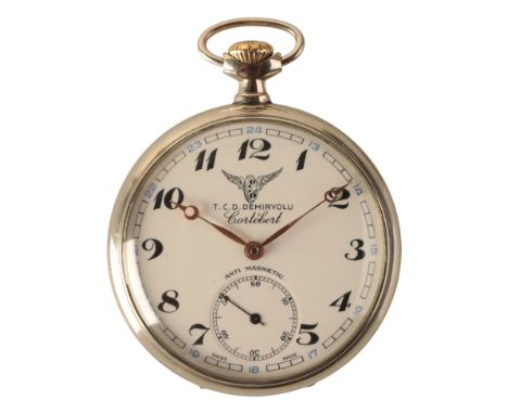 CORTÉBERT: A GENTLEMAN'S NICKEL-PLATED OPEN FACE POCKET WATCH with manual wind movement, the white enamel dial with subsidiar