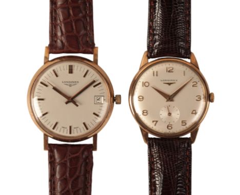 LONGINES: A GENTLEMAN'S GOLD-PLATED WRISTWATCH with manual wind movement, the silver dial with subsidiary seconds dial, gold 