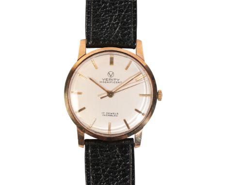 VERITY MAGNIFICENT: A GENTLEMAN'S 9CT GOLD WRISTWATCH with manual wind movement, the silver dial with gold baton numerals and