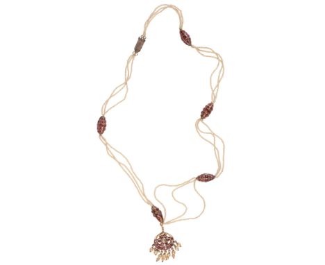 AN ANTIQUE NORTHERN INDIAN SEED PEARL AND RUBY NECKLACE set with five gold coloured metal bead spacers set with red stones an