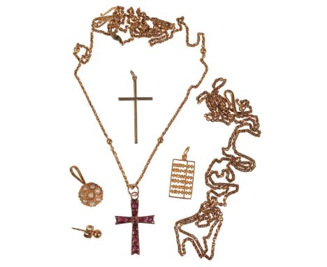 A RUBY CRUCIFIX gold coloured metal setting, with a gold coloured metal chain, together with another gold coloured metal chai