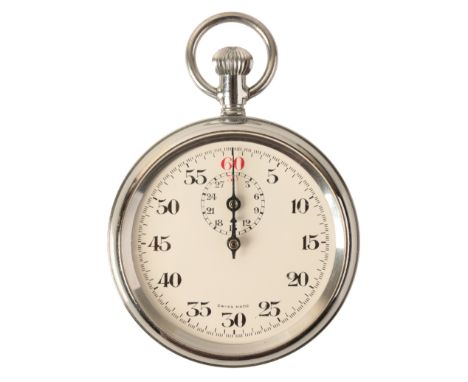 A NICKEL-PLATED STOP WATCH with manual wind movement, the white enamel dial with black Arabic numerals, red 60 minute, and su