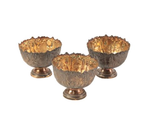 THREE EARLY 20TH CENTURY OTTOMAN TURKISH SILVER SALTS with Sultan Tughra mark dating up to 1923, embossed with architectural,