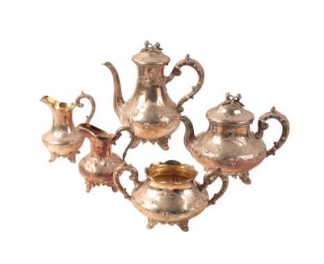 A VICTORIAN SILVER FOUR PIECE TEA AND COFFEE SERVICE by Joseph & Albert Savory, London 1851, with floral embossed bodies, com