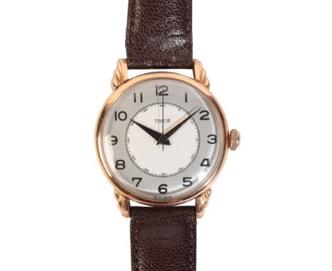 TIMEX: A GENTLEMAN'S 9CT GOLD WRISTWATCH with manual wind movement, the grey and white two-tone dial with black Arabic numera