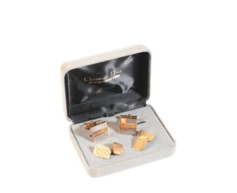 A PAIR OF 18CT GOLD CUFFLINKS the faces engraved with 3D box effect, combined 7g; together with a pair of Christian Dior yell