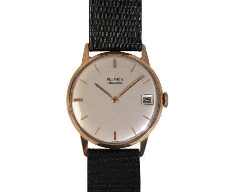 BUREN: A GENTLEMAN'S 9CT GOLD WRISTWATCH with manual wind movement, the silver dial with date aperture, gold baton numerals a