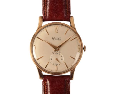 BAUME: A GENTLEMAN'S 9CT GOLD WRISTWATCH with manual wind movement, the silver dial with subsidiary seconds dial, gold Arabic
