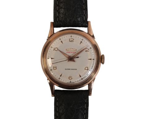 ROAMER: A GENTLEMAN'S 9CT GOLD WRISTWATCH with manual wind movement, the silver dial with gold baton and Arabic numerals, gol