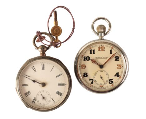 JAEGER-LeCOULTRE: A MILITARY NICKEL-PLATED POCKET WATCH with manual wind movement, the cream enamel dial with black and gold 