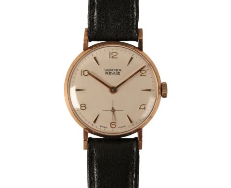 VERTEX REVUE: A GENTLEMAN'S  9CT GOLD WRISTWATCH with manual wind movement, the silver dial with gold Arabic and baton numera