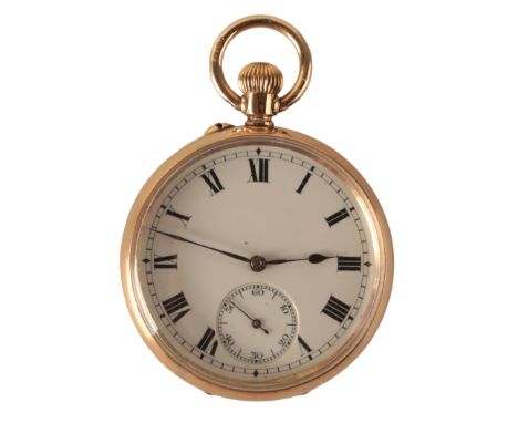 A GENTLEMAN'S 12CT GOLD FOB WATCH with keyless wind movement, the white enamel dial with subsidiary seconds dial, black Roman
