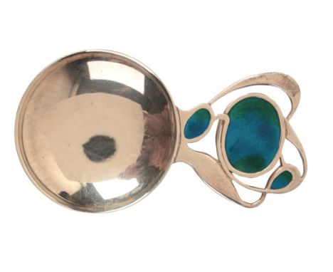 LIBERTY &amp; CO: AN ELIZABETH II SILVER CADDY SPOON Edinburgh 1987, of Art Nouveau design, the pierced terminal enamelled in