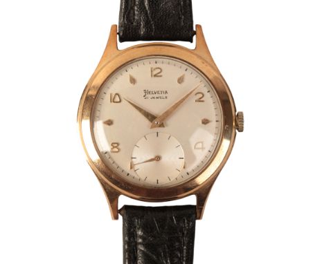 HELVETIA: A GENTLEMAN'S 9CT GOLD WRISTWATCH with manual wind movement, the silver dial with subsidiary seconds dial, gold Ara