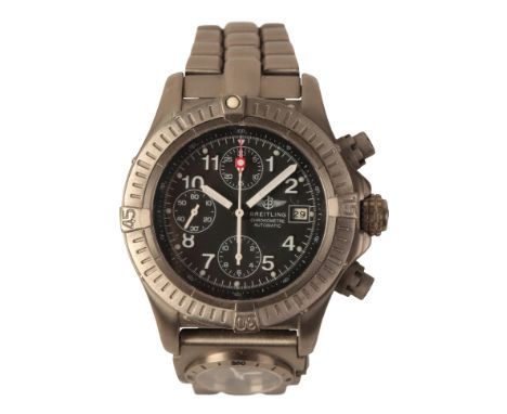 BREITLING AVENGER: A GENTLEMAN'S TITANIUM BRACELET WATCH with automatic movement, the black dial with triple subsidiary dials