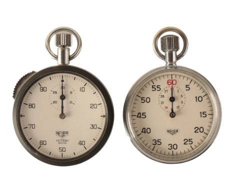 HEUER: A STOPWATCH with a manual wind movement, the white enamel dial with black Arabic numerals and dark blue steel hands, s