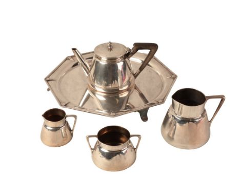 AN EDWARD VII SILVER FOUR PIECE TEA SERVICE by Barnard Brothers, London 1907-9, of Dr Christopher Dresser style with angular 