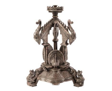 A VICTORIAN AESTHETIC SILVER PLATED TABLE LAMP by Elkington &amp; Co after a design by Dr Christopher Dresser, the crenelated