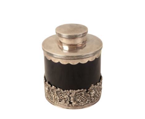 A VICTORIAN SILVER AND 'BRISTOL BLUE' GLASS CYLINDRICAL TEA CADDY the silver mounts by William Aitken, Chester 1900, the lid 