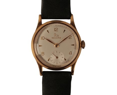 RECORD: A GENTLEMAN'S 18CT GOLD WRISTWATCH with manual wind movement, the silver dial with subsidiary second dial, gold Arabi