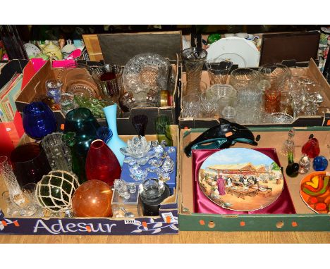 FOUR BOXES OF GLASS AND CERAMICS, to include Swarovski and other crystal ornaments, Wedgwood glass birds, Sklo Union maze vas