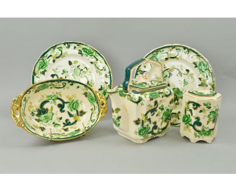FIVE PIECES OF MASONS 'CHARTREUSE', to include a polygon shaped caddy, a tea kettle, two plates, diameters 25.5cm and an oval