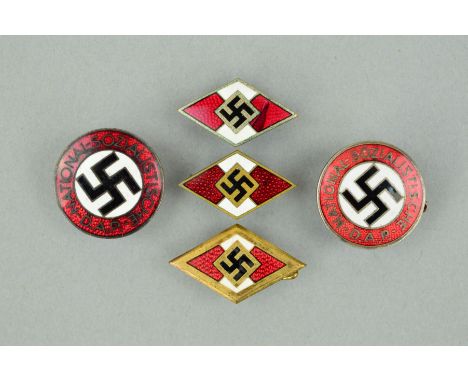 AN ACCUMULATION OF NAZI 3RD REICH PARTY BADGES/HITLER YOUTH BADGES, to include N.S.D.A.P. Party Badge, circular red, white an