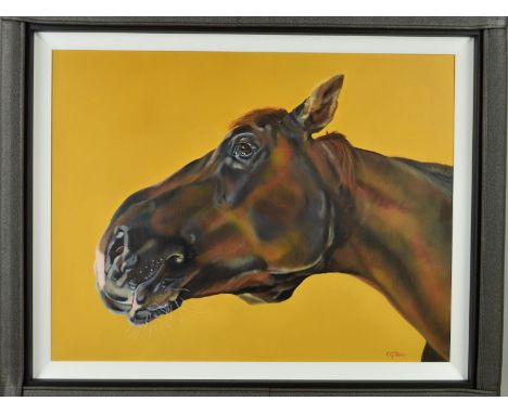 CAROL GILLAN (BRITISH 1961) 'THE GODFATHER', a portrait study of a brown horse, signed bottom right, acrylic on canvas, frame