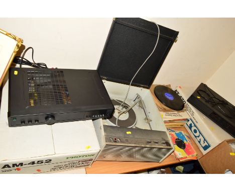 A PHILLIPS GRAMOPHONE, a boxed Proton Integrated Amplifier AM-452, a boxed Proton AM/FM stereo tuner AT-470 and various L.P's
