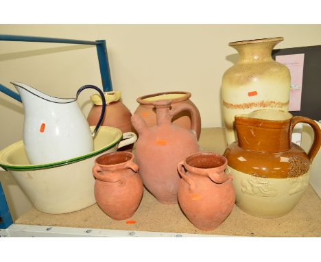 TERRACOTTA AND STONEWARE STORAGE JARS AND JUGS, etc, to include enamel basins and jug