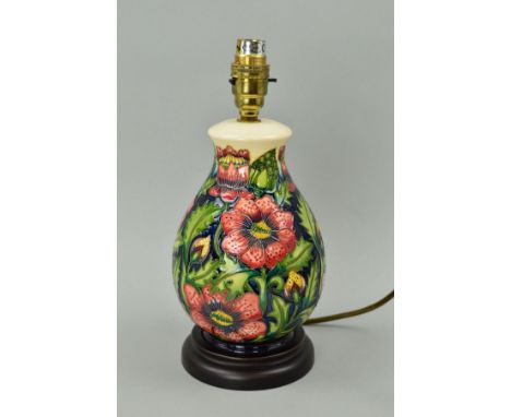 A MOORCROFT POTTERY TABLE LAMP, 'Pheasant's Eye' pattern, approximate height 29cm (including fitting)