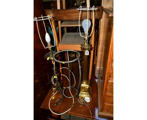 A BRASS COLUMN TABLE LAMP, another brass lamp and a metal stand (3)