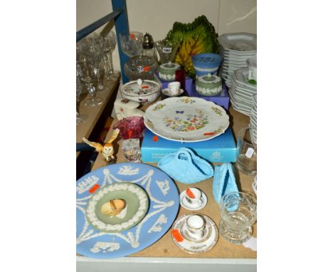 VARIOUS CERAMICS AND GLASSWARES, to include Wedgwood jasperwares, Tutbury crystal, Royal Worcester miniature basket, miniatur