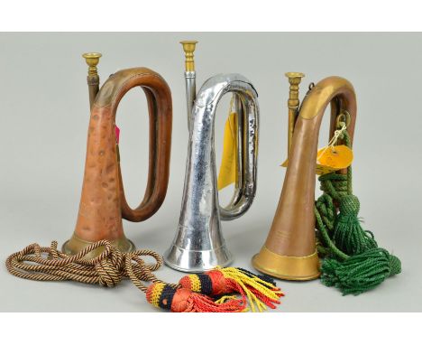 THREE MILITARY BUGLES, as follows, brass and copper bugle by 'J.W. York &amp; Sons' 1916, Grand Rapids, Michigan USA, brass a