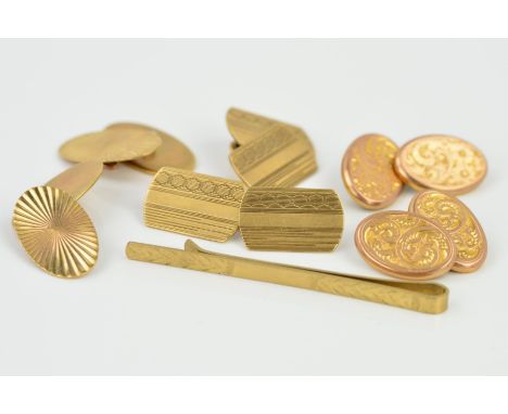 THREE PAIRS OF 9CT GOLD CUFFLINKS AND A 9CT GOLD TIE SLIDE, the cufflinks all with chain link connectors, the first of oval o