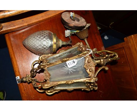 A SMALL 20TH CENTURY FOLIATE AND SCROLLED MOULDED BRASS HEXAGONAL HANGING LANTERN, with etched glass panels, together with an